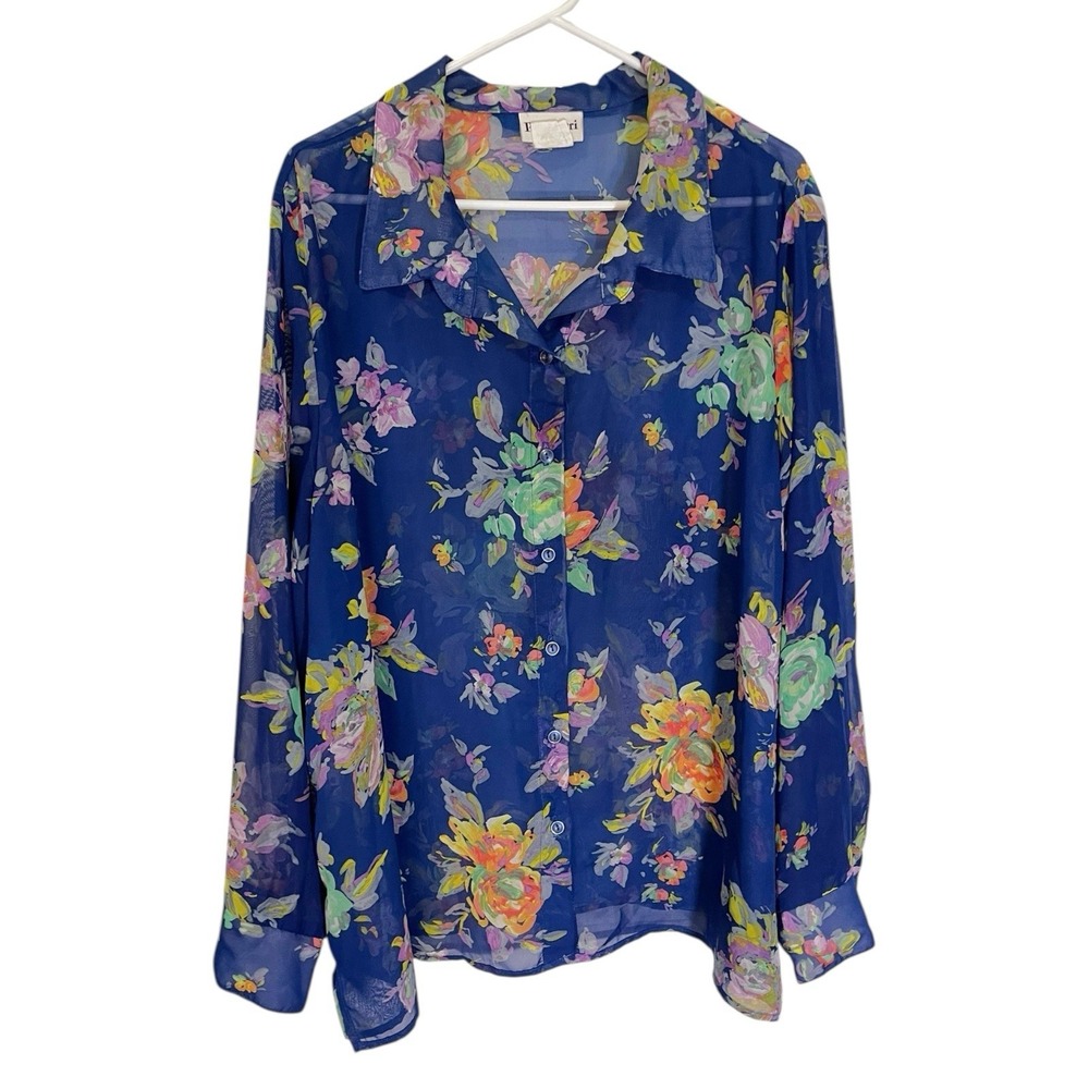 Potpourri Large Floral Blouse Sheer Button Up Long‎ Sleeve Cottagecore Romantic